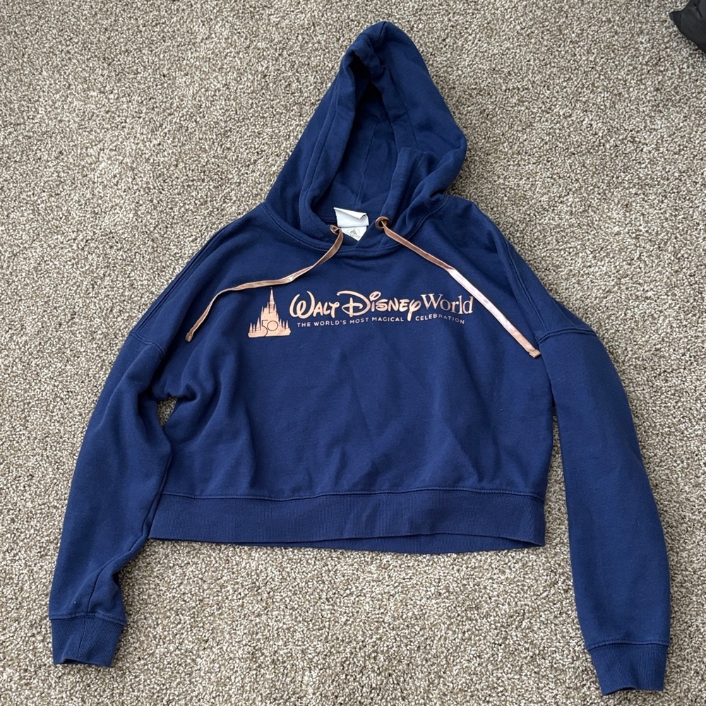 Disney Women's Blue Hoodie Cropped Sweater